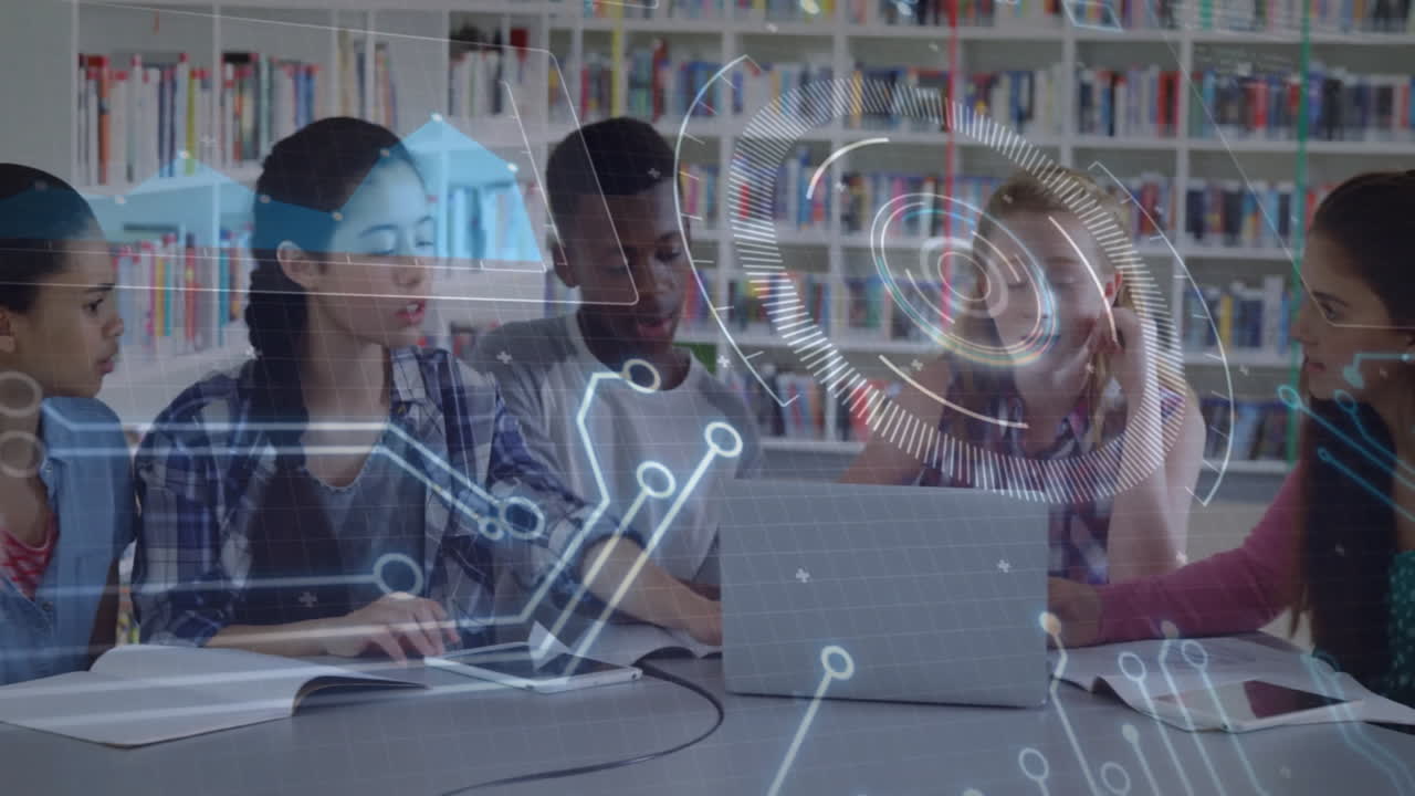 In school library, students collaborating using digital technology with animation overlay