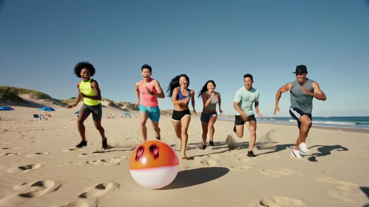 Running six adults chasing rolling red-and-white ball on beach in activewear trying to intercept it