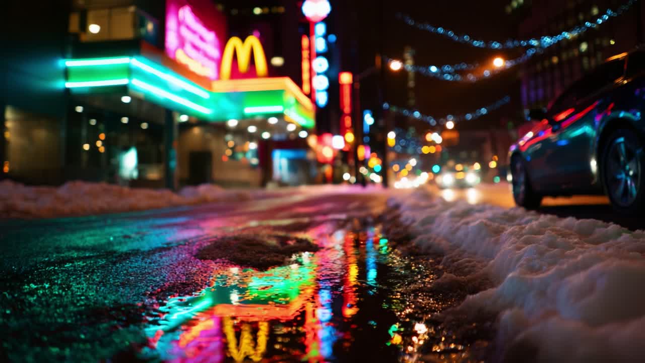 A vibrant city street at night reflecting colorful lights in the wet pavement, showcasing a snowy urban landscape with glowing signs and a lively atmosphere that captures the essence of nighttime vibrancy