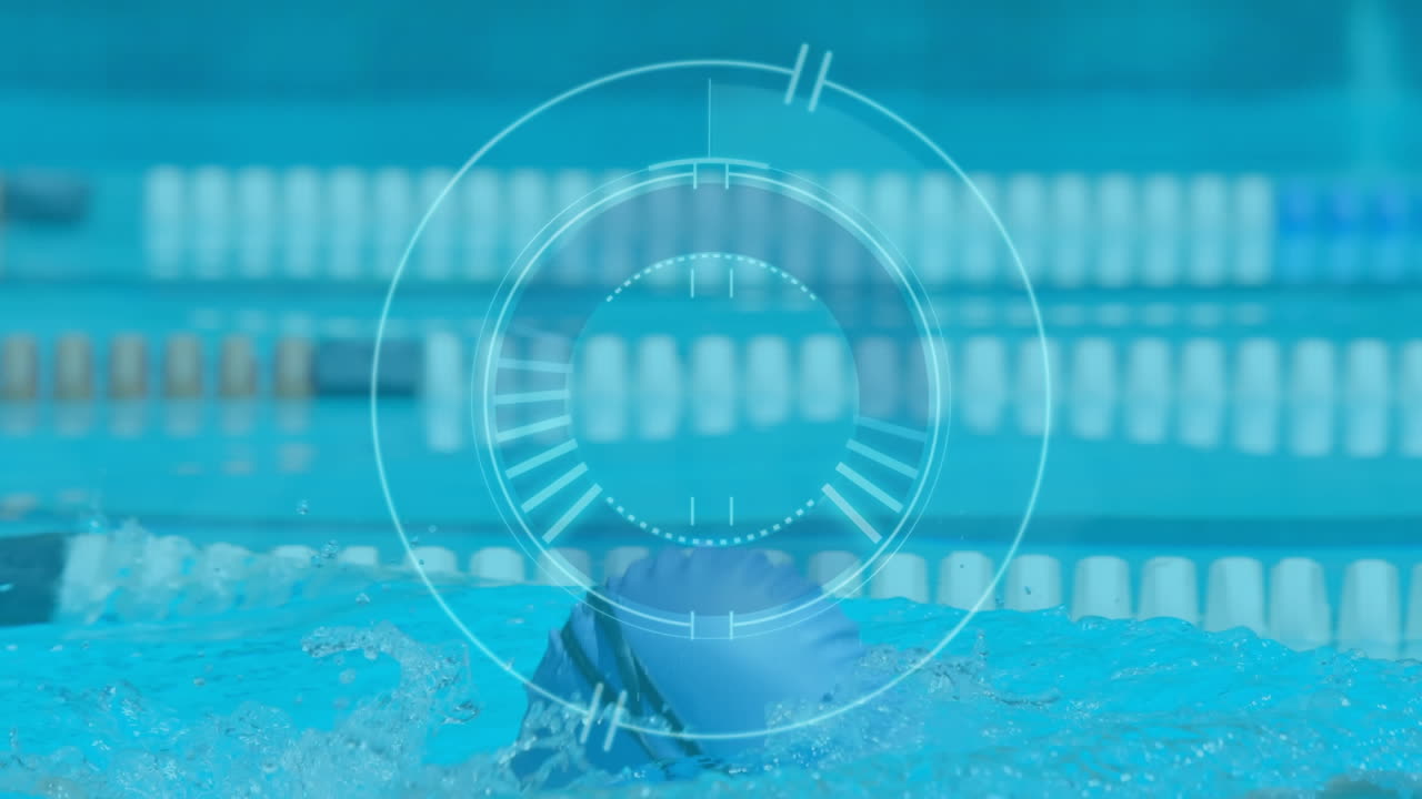 수영장에서 백인 남성 수영 선수를 스캔하는 스의 애니메이션