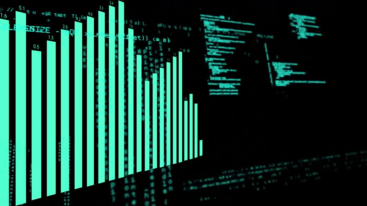 Animation of blue graph over processing data on black background