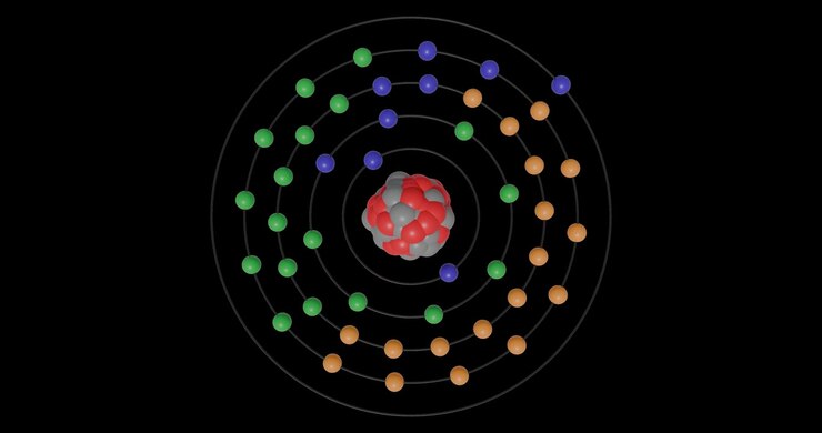Animazione 3D di un atomo di rodio su sfondo trasparente che mostra gusci, sottogusci, orbite elettroniche e nucleo con protoni e neutroni, illustrando la struttura atomica e i livelli energetici