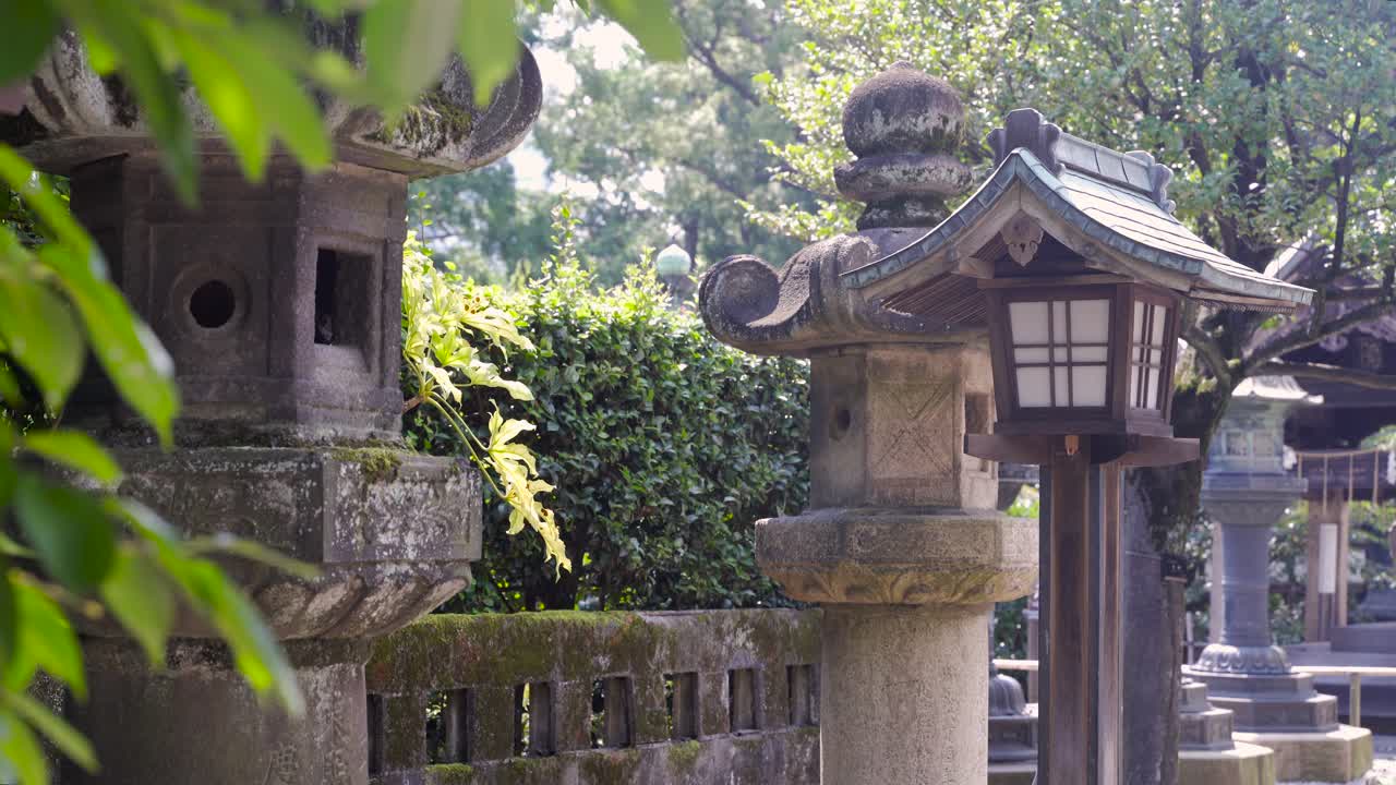 vista bloqueada de pilares de piedra japoneses típicos dentro del templo japonés en un día brillante y soleado con hojas en primer plano