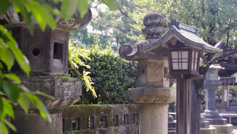 locked off view of typical japanese stone pillars inside japanese temple on bright and sunny day with leaves in foreground