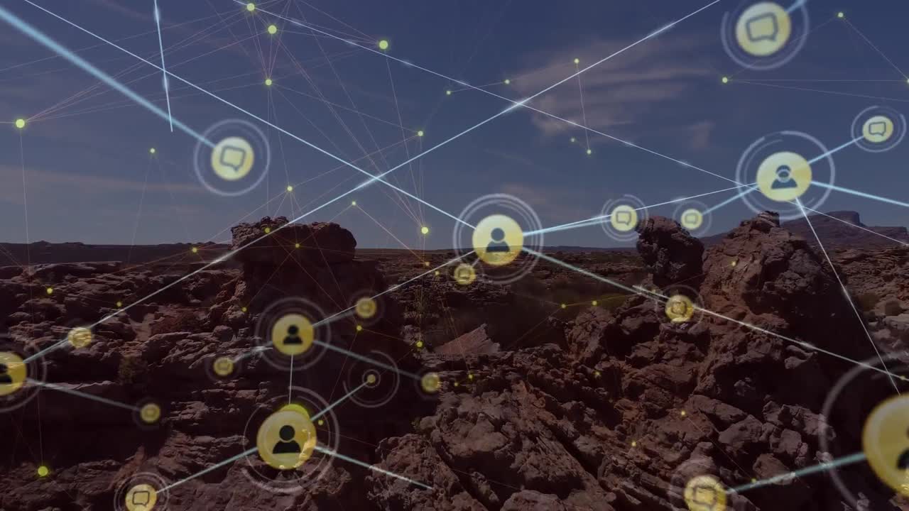 풍경 위의 아이콘으로 연결된 네트워크의 애니메이션