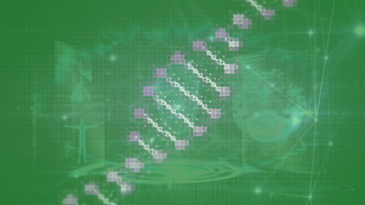 dna 구조와 연결 네트워크의 애니메이션을 스크린을 통해 의료 데이터 처리합니다.