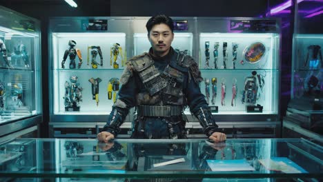 an asian man stands in front of a display case filled with futuristic technology