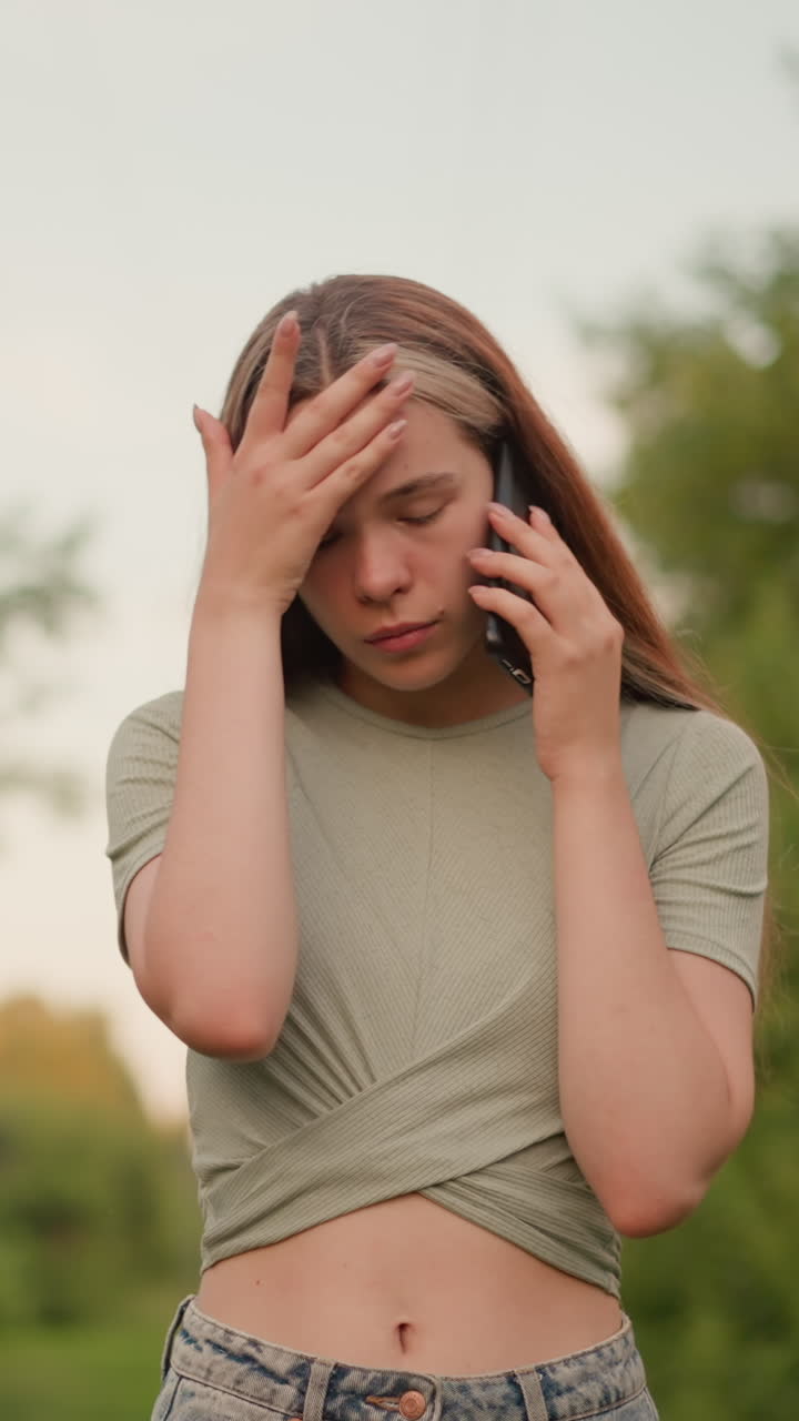 joven que parece frustrada y cansada en una llamada telefónica, sosteniendo su mano en la frente en una expresión de estrés, con la vegetación al aire libre borrosa y el edificio en el fondo