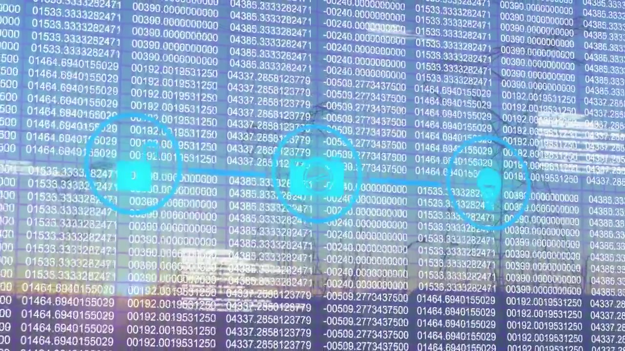 Animation of network of neon digital icons and data processing against landscape
