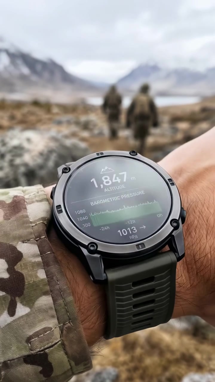 Il display e il cinturino di un orologio da polso vengono esaminati sullo sfondo di un paesaggio montano roccioso, mentre una mano gira il dispositivo, mostrando viste mutevoli, luce diurna soffusa, colori tenui, una messa a fuoco ridotta dello sfondo e un'ambientazione esterna.