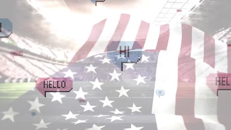 hello text on multiple speech bubbles over american waving flag against sports stadium