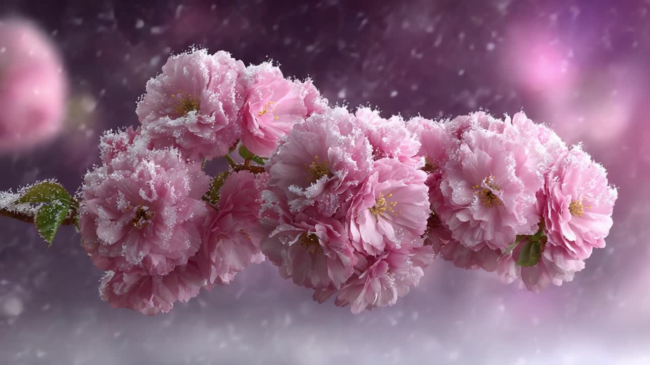 A Beautiful Display of Frost-Covered Pink Blossoms in a Magical Winter Wonderland, Captivating Nature's Charm Amidst Enchanting Snowfall