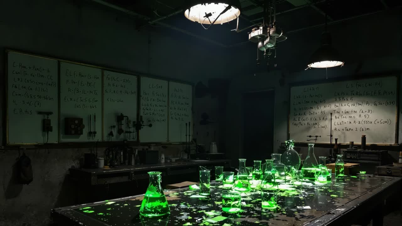 Mysterious Laboratory with Glowing Green Chemicals