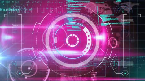 escáner redondo sobre interfaz digital con procesamiento de datos contra un fondo rosa