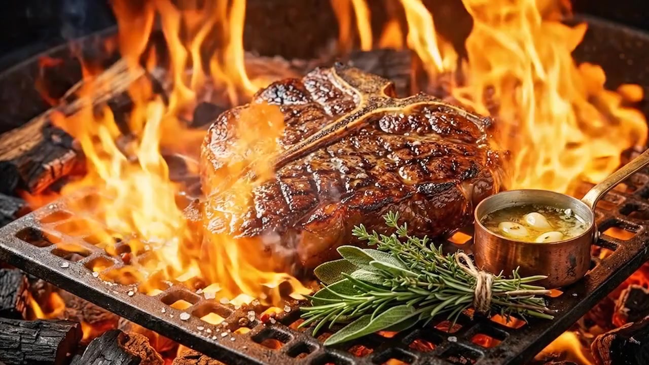 T-Bone Steak Grilling Over Open Fire with Herbs and Garlic