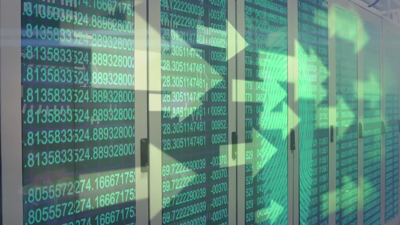 Animation of green arrows floating right with a fingerprint changing colors