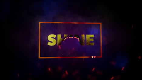 animation of white text shine, in gold frame, with red sparks on black background