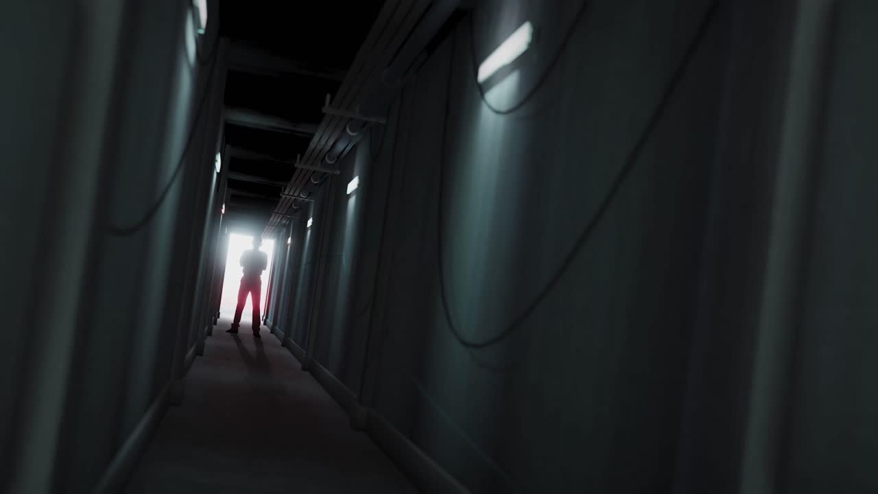 animación de una silueta de hombre de pie en un pasillo oscuro