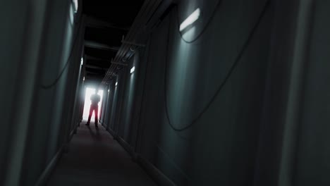 animation of man silhouette standing in dark corridor