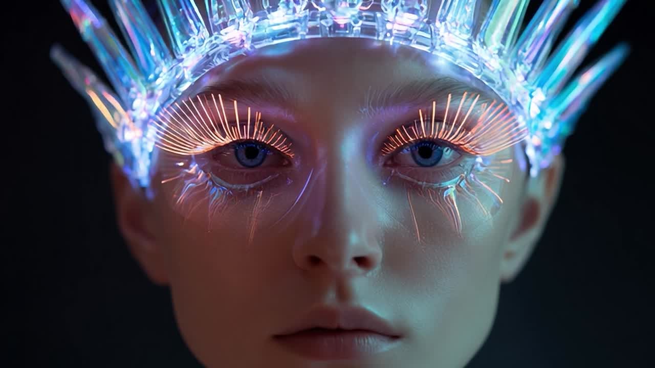 Futuristic portrait of a woman with glowing crown and digital eyes