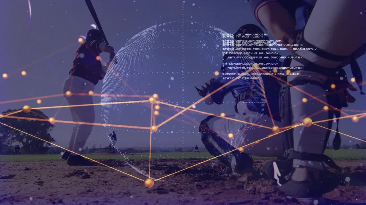 Catcher holding low crouch while digital globe appearing and rotating, visualizing game analytics