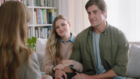happy couple meeting real estate agent buying house new home owners discussing contract agreement for property investment with realtor sharing advice with clients 4k