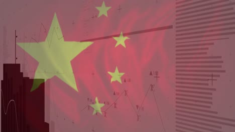 Animation-of-data-processing-over-flag-of-china