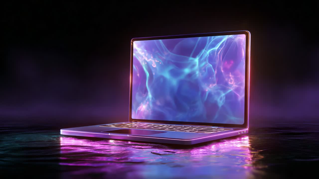 A Stunning and Futuristic Laptop Displaying Mesmerizing Abstract Patterns of Light and Color, Set Against a Mysterious Dark Background with Fluid Reflections Highlighting Its Stunning Design