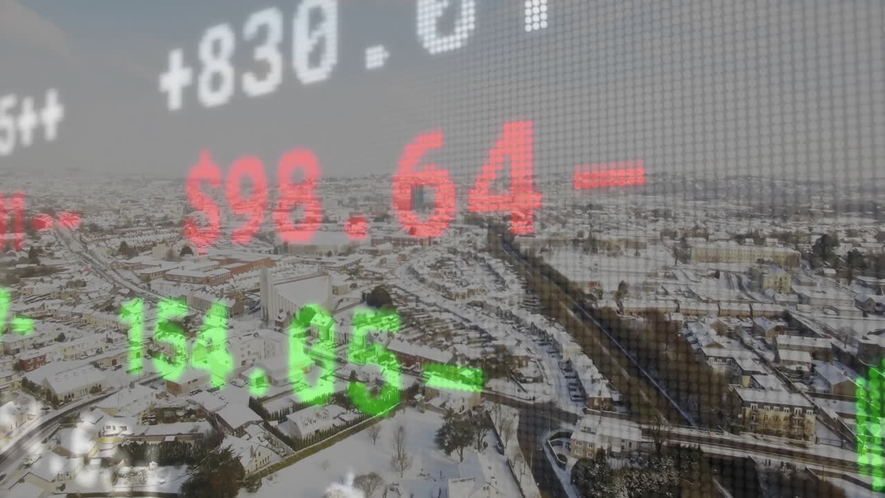 Digital stock tickers being overlaid across snowy suburban roofs in flat translucent pixelated grid