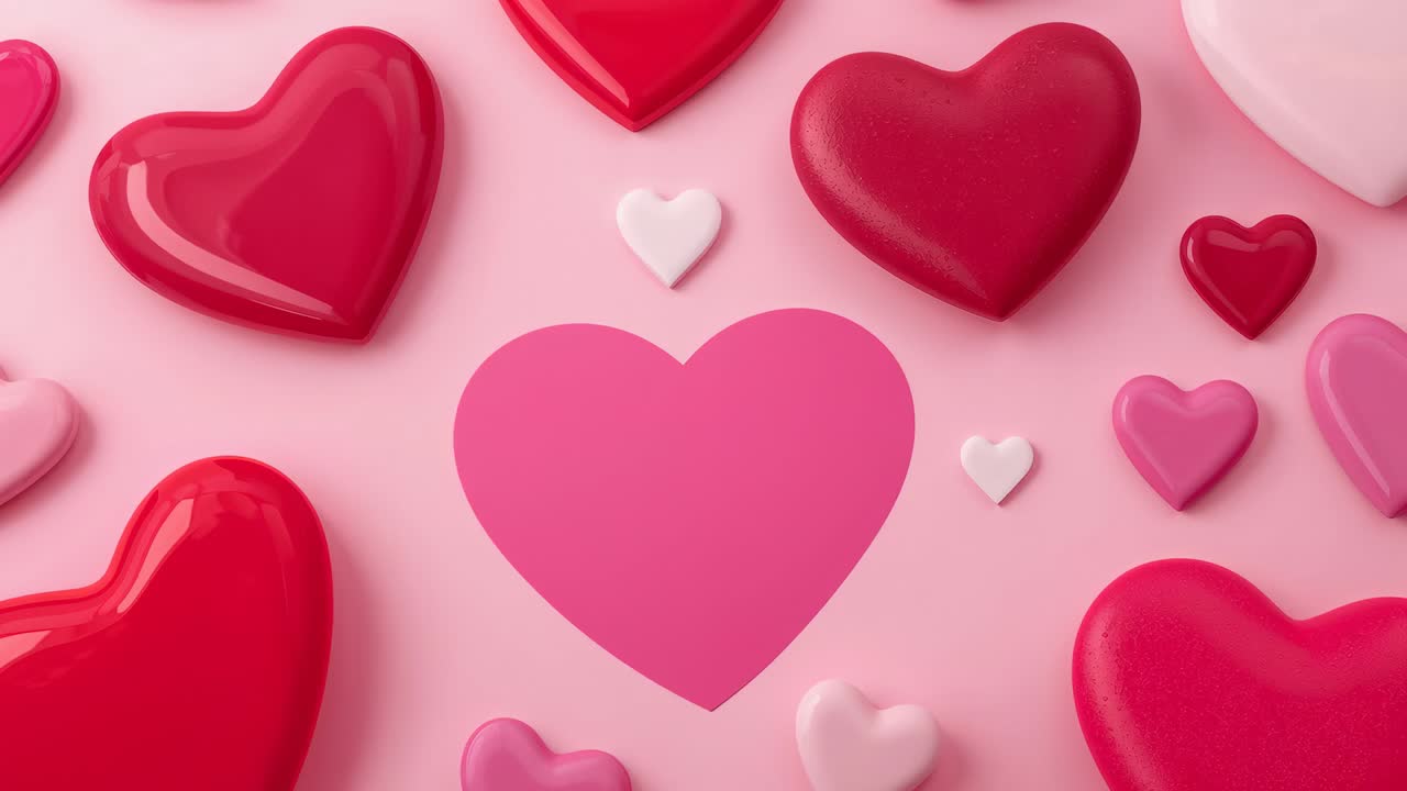 Cuore rosa opaco grande e pulsante con effetto di ridimensionamento a imitazione del battito su composizione piatta, cuori lucidi che cambiano lucentezza