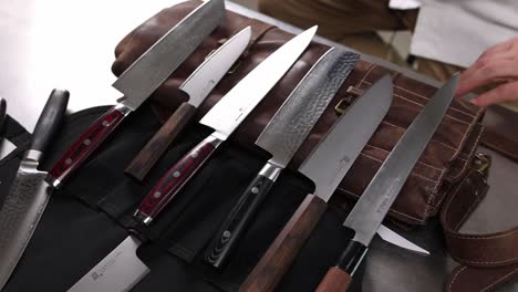 high-end kitchen knives displayed in leather bag