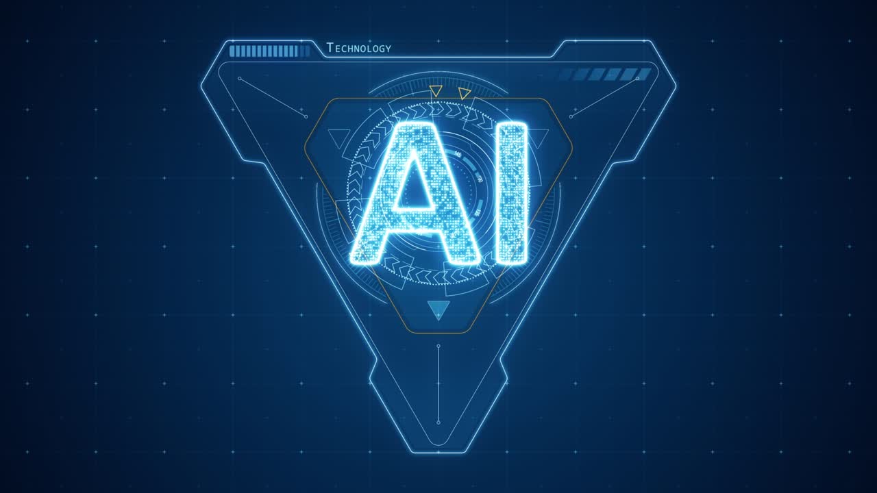 gráfico de movimiento de triángulo azul y ai con interfaz de tecnología de rotación de círculo hud y elementos futuristas fondo abstracto