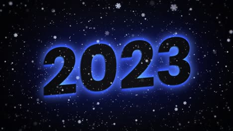 Animation-of-snow-and-2023-over-black-background