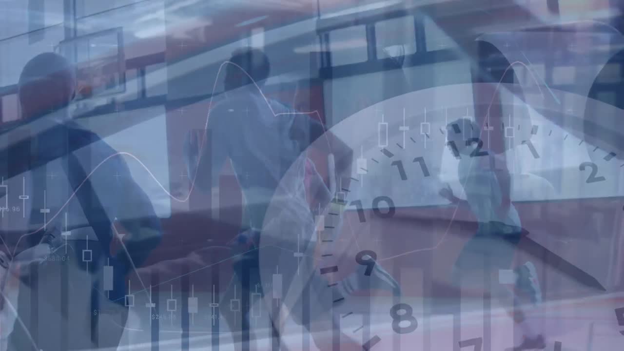 animación del procesamiento de datos sobre diversos jugadores de baloncesto masculinos en el gimnasio