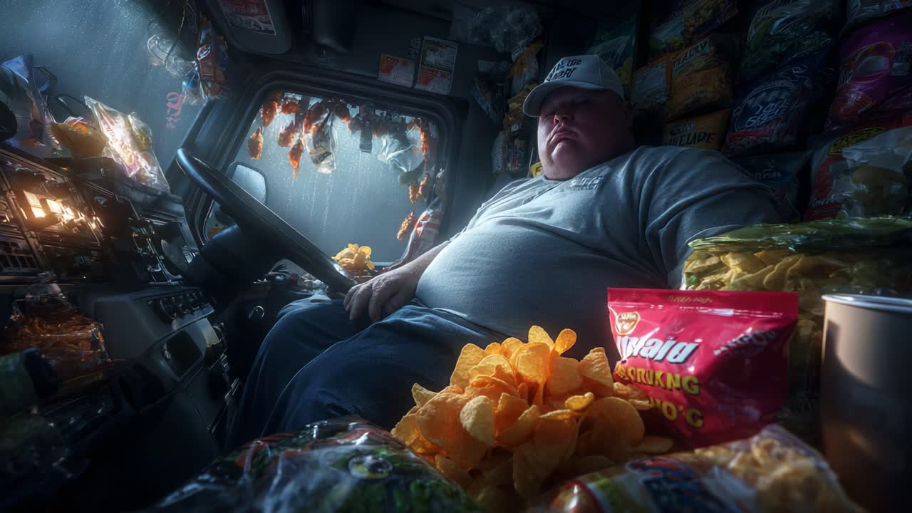 Un camionista seduto all'interno della sua cabina circondato da un assortimento di snack, che sottolinea la combinazione di comfort e convenienza su strada e lo stile di vita del trasporto a lungo raggio