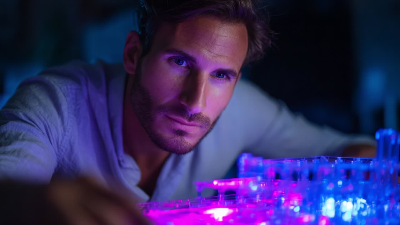 A focused individual examines a vibrant, illuminated structure with intricate details and glowing features, captured in a dimly lit environment that highlights the colors and depth of the scene