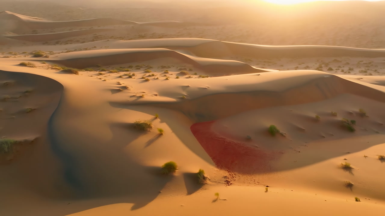 Sunrise Aerial Golden Sand Dunes Bathed In Warm Glow, Rolling Ridges And Windsculpted Ripples, Scattered Scrub