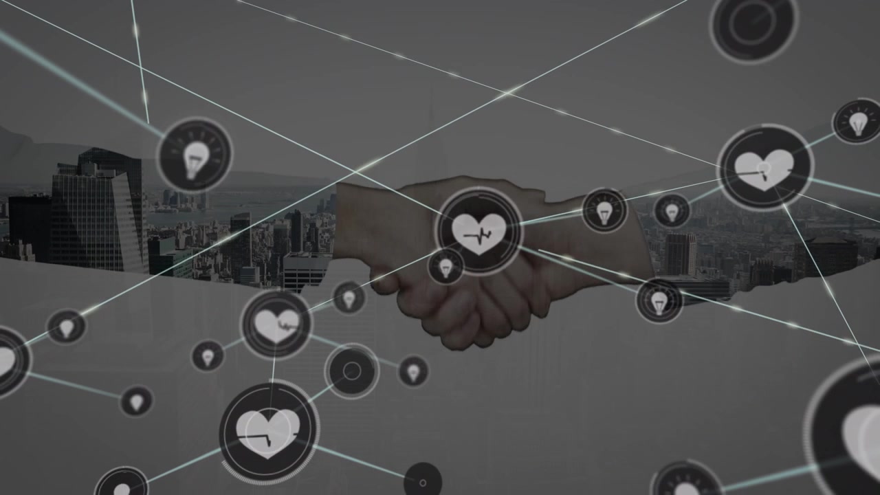 Animazione di rete di connessioni con icone su persone che si stringono la mano