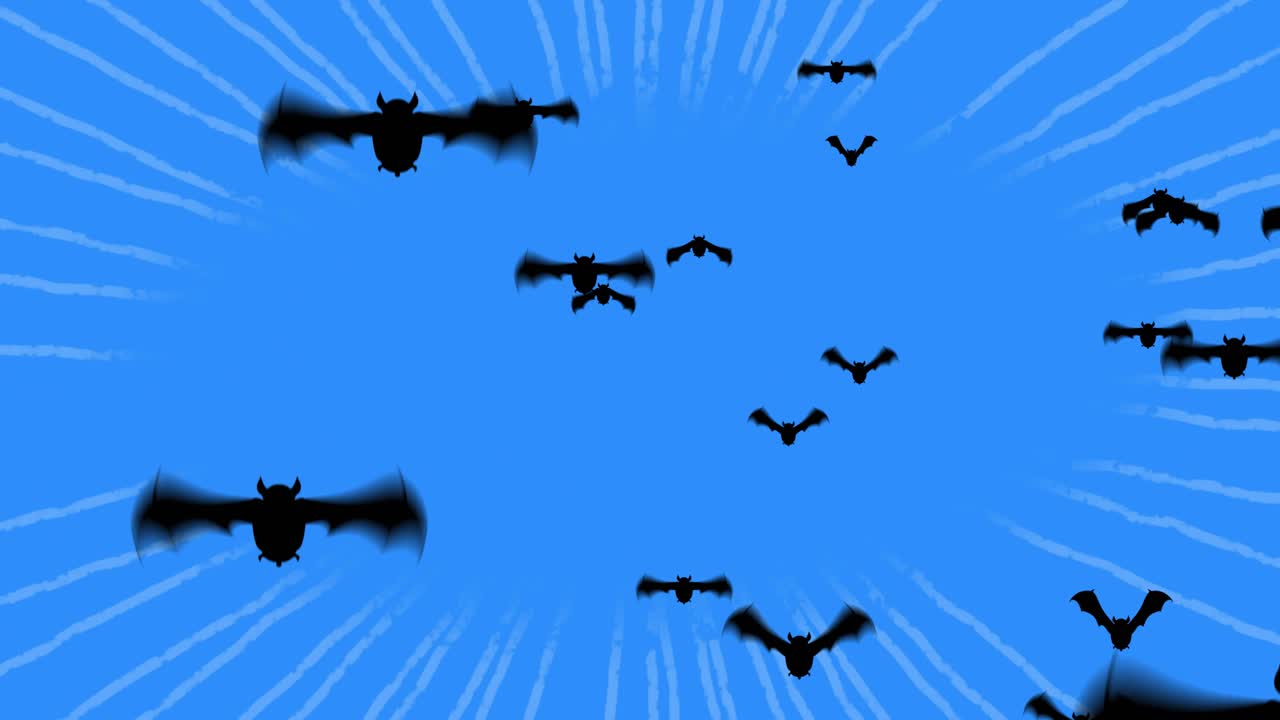 Silhouette piccole che si trasformano in uno stormo di pipistrelli, che corrono verso la fotocamera, si disperdono, si allontanano, aggiungendo profondità
