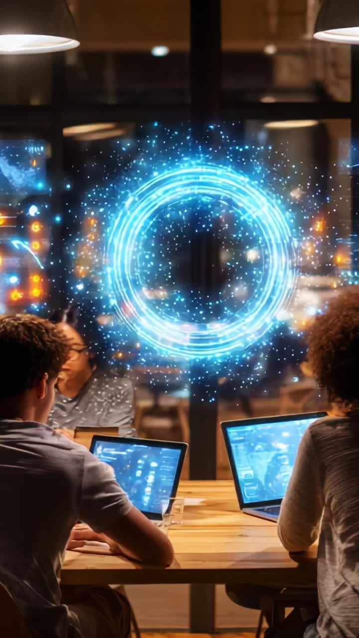 Group of focused individuals engaged in a collaborative digital project, utilizing advanced technology and holographic displays for innovative solutions at a modern workspace