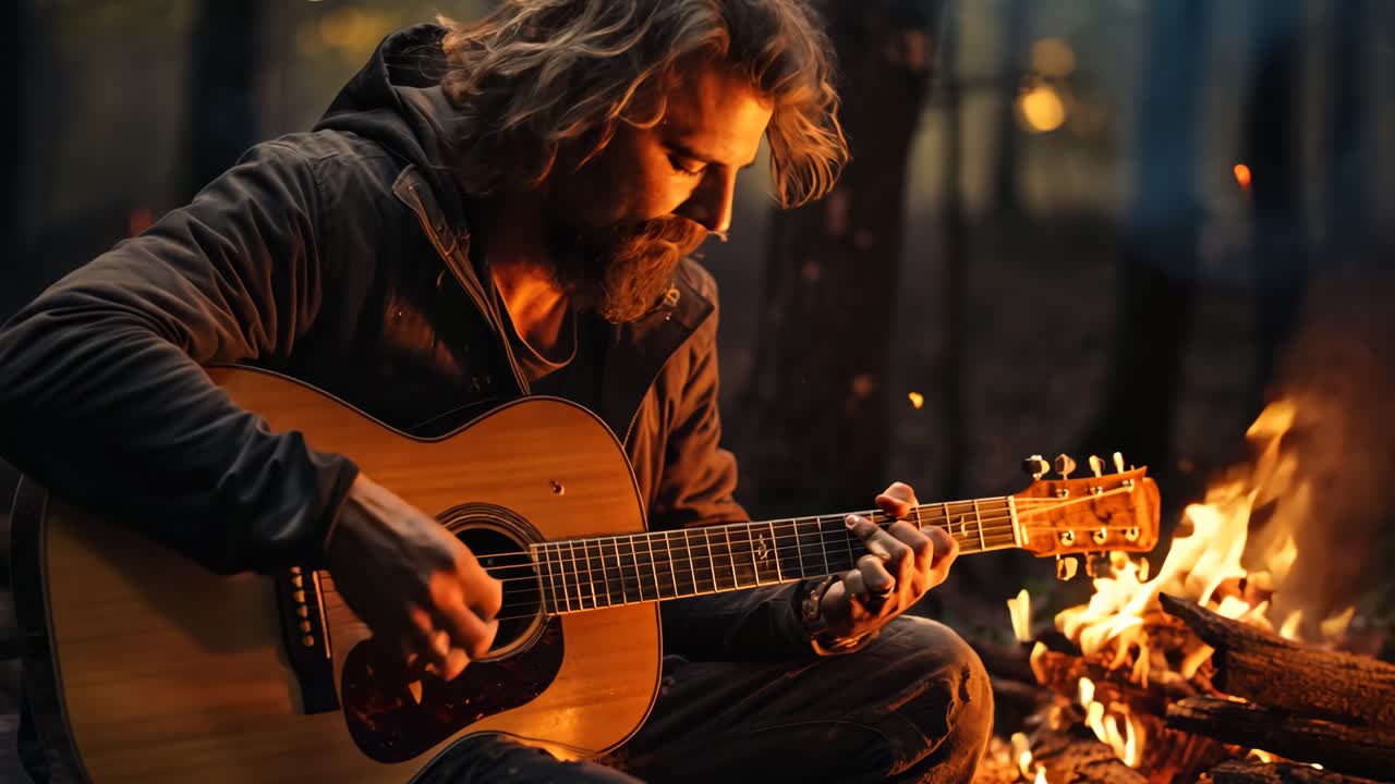 Uomo che suona la chitarra acustica accanto a un falò in una foresta durante il crepuscolo.