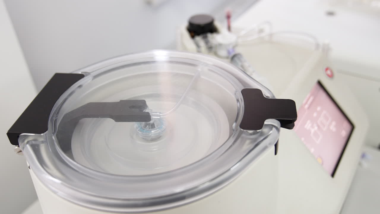 Close look at the working centrifuge machine. Medical equipment for plasma extraction. Prp method.