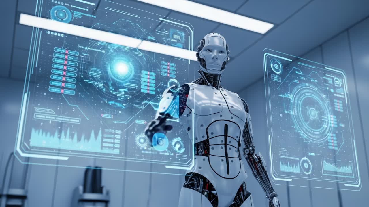 Futuristic Robot Interface: A Sleek Robotic Figure Interacting with High-Tech Displays of Data in a Modern Laboratory Setting, Showcasing Advanced AI Capabilities