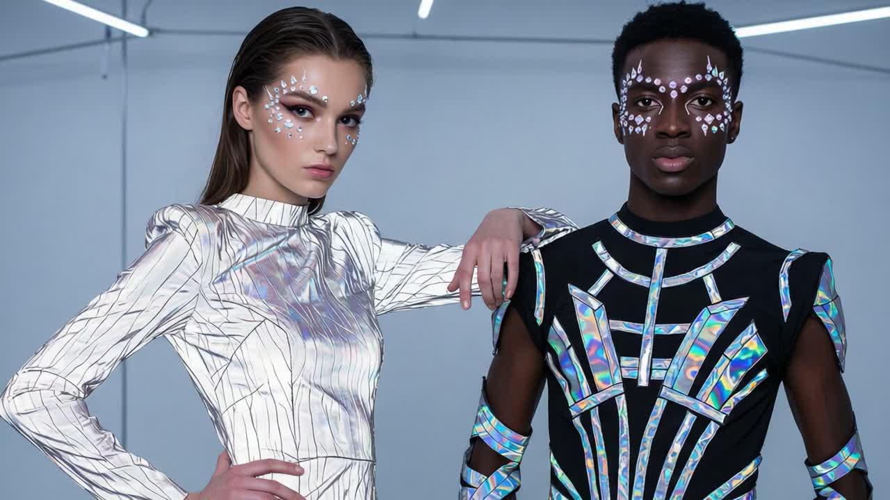 Stunning Fashion Showcase Featuring Two Models in Striking Reflective Outfits with Intricate Face Art, Capturing the Essence of Modern Design and Style