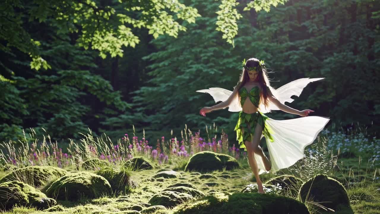 A whimsical video scene of a fairy in a lush forest, captured from a low angle