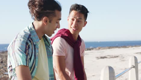 happy diverse gay male couple talking at promenade by the sea, slow motion