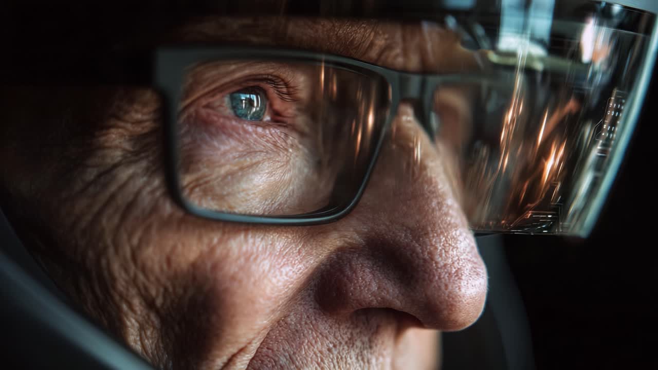 An Intense Close-Up of a Senior's Eyes Behind a Protective Visor, Capturing the Depth of Experience and the Intricacies of Emotion in a Moment of Reflection and Anticipation During a High-Speed Adventure