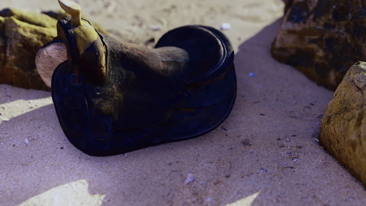 Cowhide saddle resting on sandy beach near rocky formations under sunlight