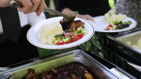 wedding food catering, event hot food service, main meal preparation closeup