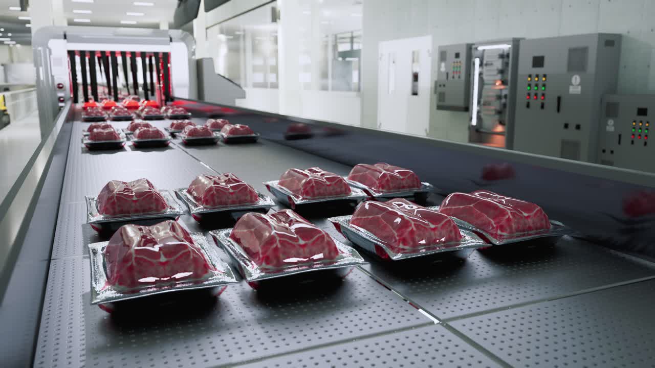 Packaged Raw Meat Trays On A Conveyor Belt In A Factory